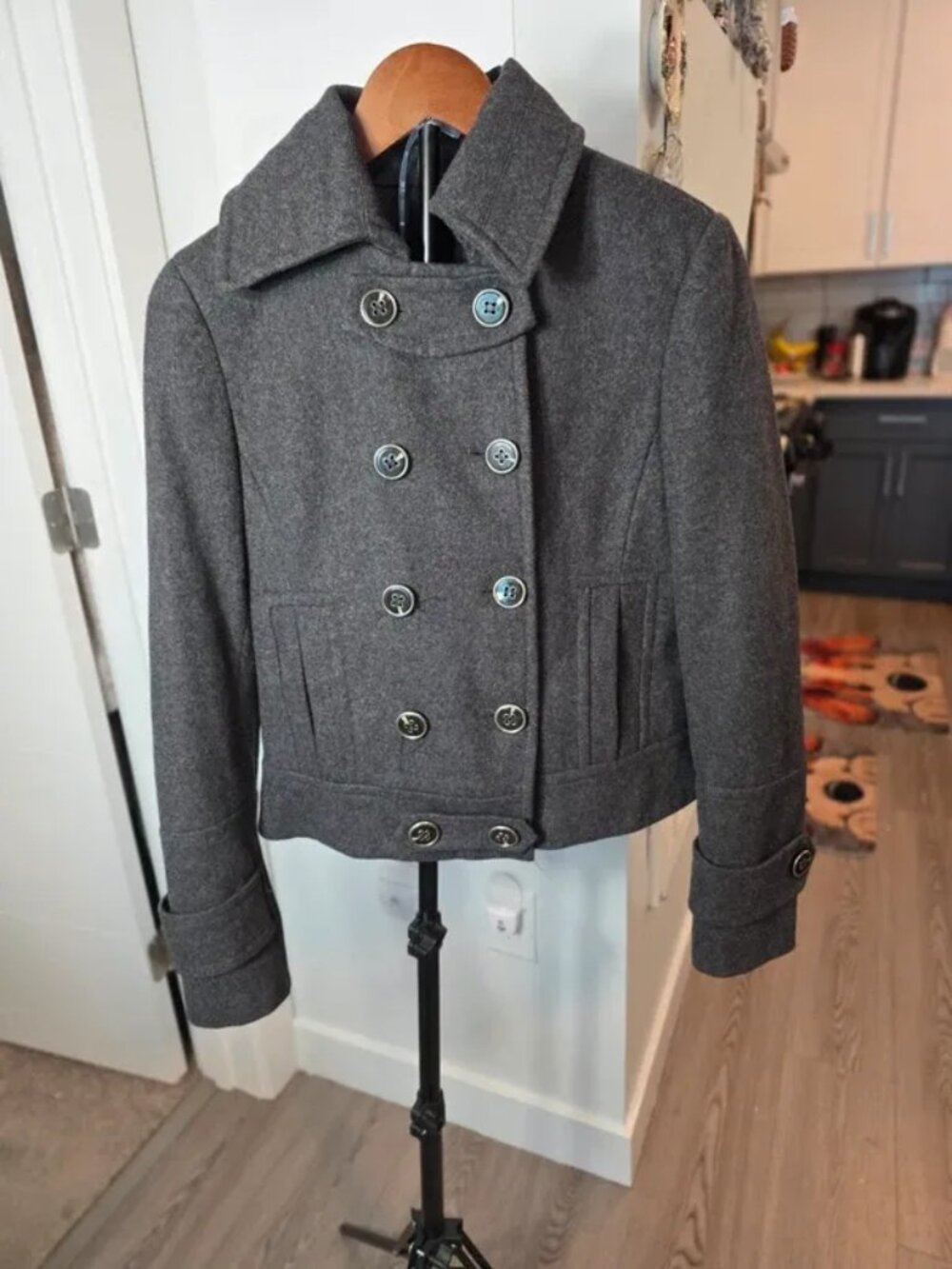 Wool blend cropped peacoat, Express, double-breasted military style
